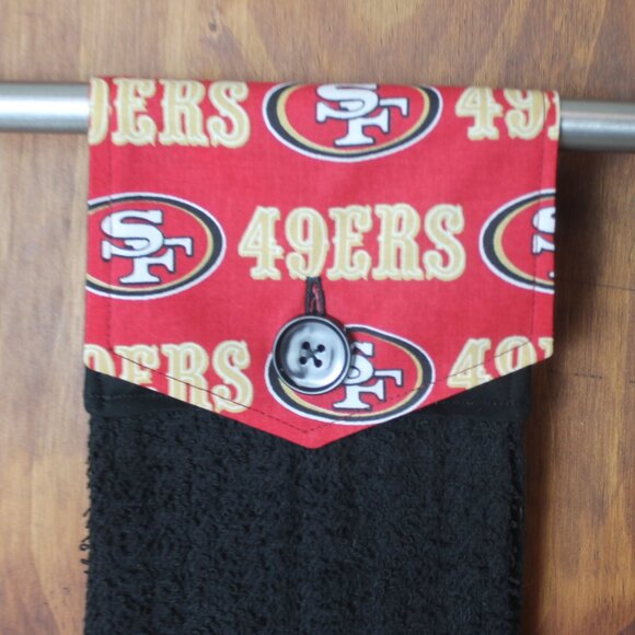 San Francisco 49ers Football Red Handmade Hanging Kitchen Hand Black Towel - Picture 2 of 5